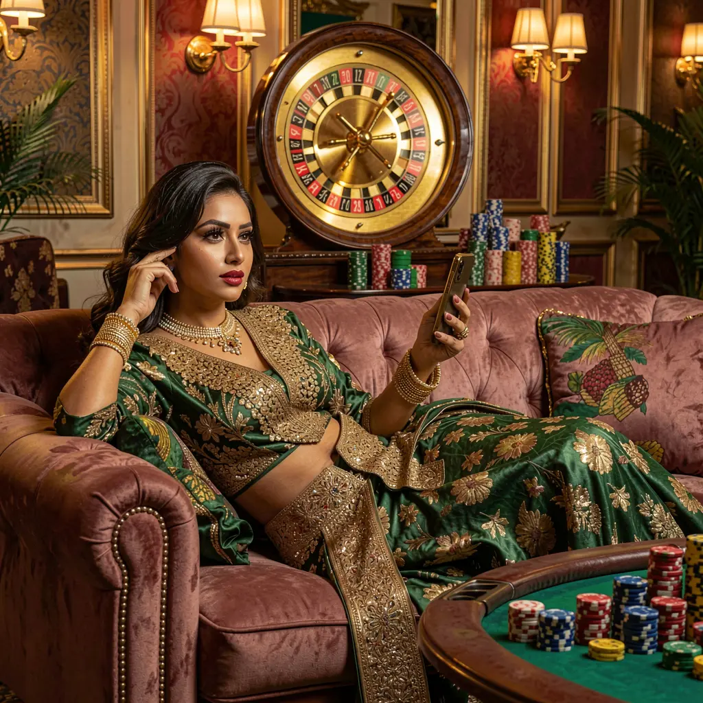 Confident Bangladeshi woman relaxing on a luxury sofa while using the 95OK casino app with a glowing roulette wheel behind her