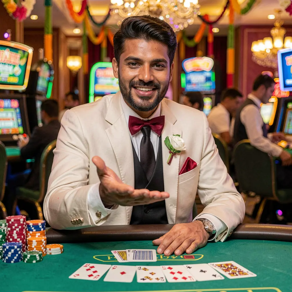Welcoming Bangladeshi casino dealer inviting players to sign in at a vibrant casino table with chips and cards on the 95OK platform