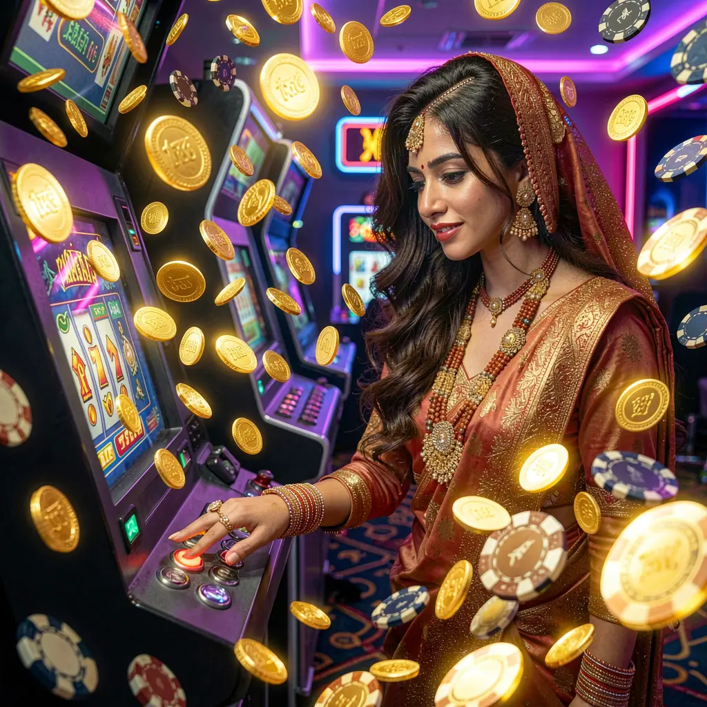 Elegant woman enjoying vibrant slot machine gameplay with flying coins and colorful lights at 95OK casino, capturing the excitement of online slots in Bangladesh